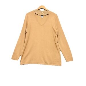 Belle by Kim Gravel Feather Knit Faux Pearl Collar Sweater Camel Large-A343339